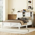 thumbnail image 3 of Farmhouse Rustic Wood Full Platform Bed with Bookcase Headboard, Charging Station and Double Sliding Barn Door, Wood Slats Support (Full Bed, White+Brown), 3 of 10