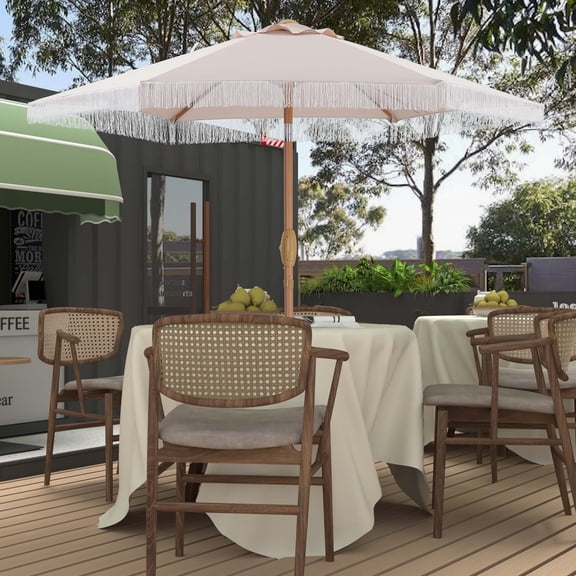 Autlaycil 7.5 ft Fringe Patio Umbrella for Beach, Pool, Adjustable Outdoor Market Umbrellas,Tassel Stylish, Khaki