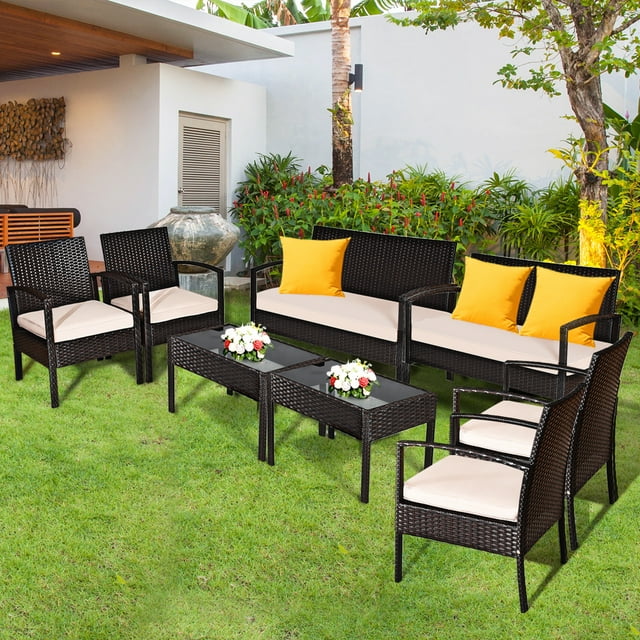 Gymax Ensemble de 8 Pcs en Rotin pour Patio Canapé Sectionnel Coussiné Table en Verre