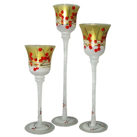 Set of 3 Berries n' Branches Hand Painted Stemmed Votive Candleholders 12