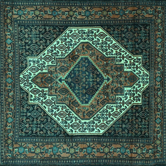 Ahgly Company Machine Washable Indoor Square Medallion Turquoise Blue Traditional Area Rugs, 7' Square