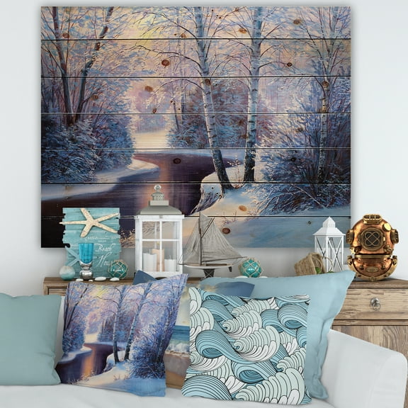Designart 'Christmas Forest With Trees and River I' Traditional Print on Natural Pine Wood