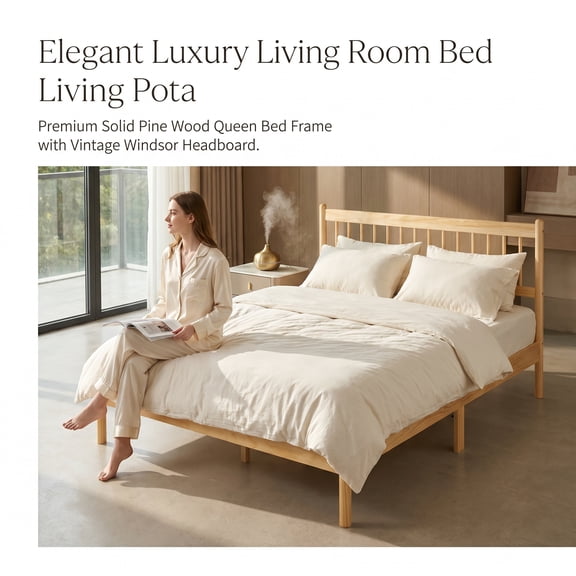 Queen Size Solid Pine Wood Platform Bed Frame with Windsor Headboard and Footboard, 9.8 in Under Bed Storage, Natural Walnut Finish