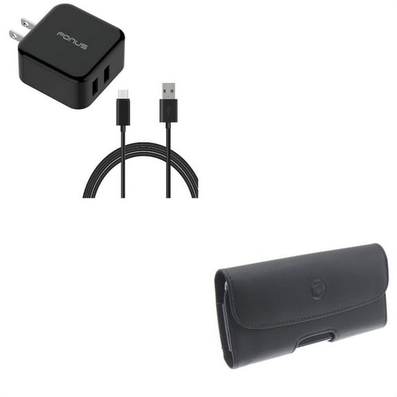 Black PU Leather Case w 30W 2-Port Adaptive Fast Home USB Quick Charger 6ft Type-C Cable J9M Compatible With Google Pixel 3a XL