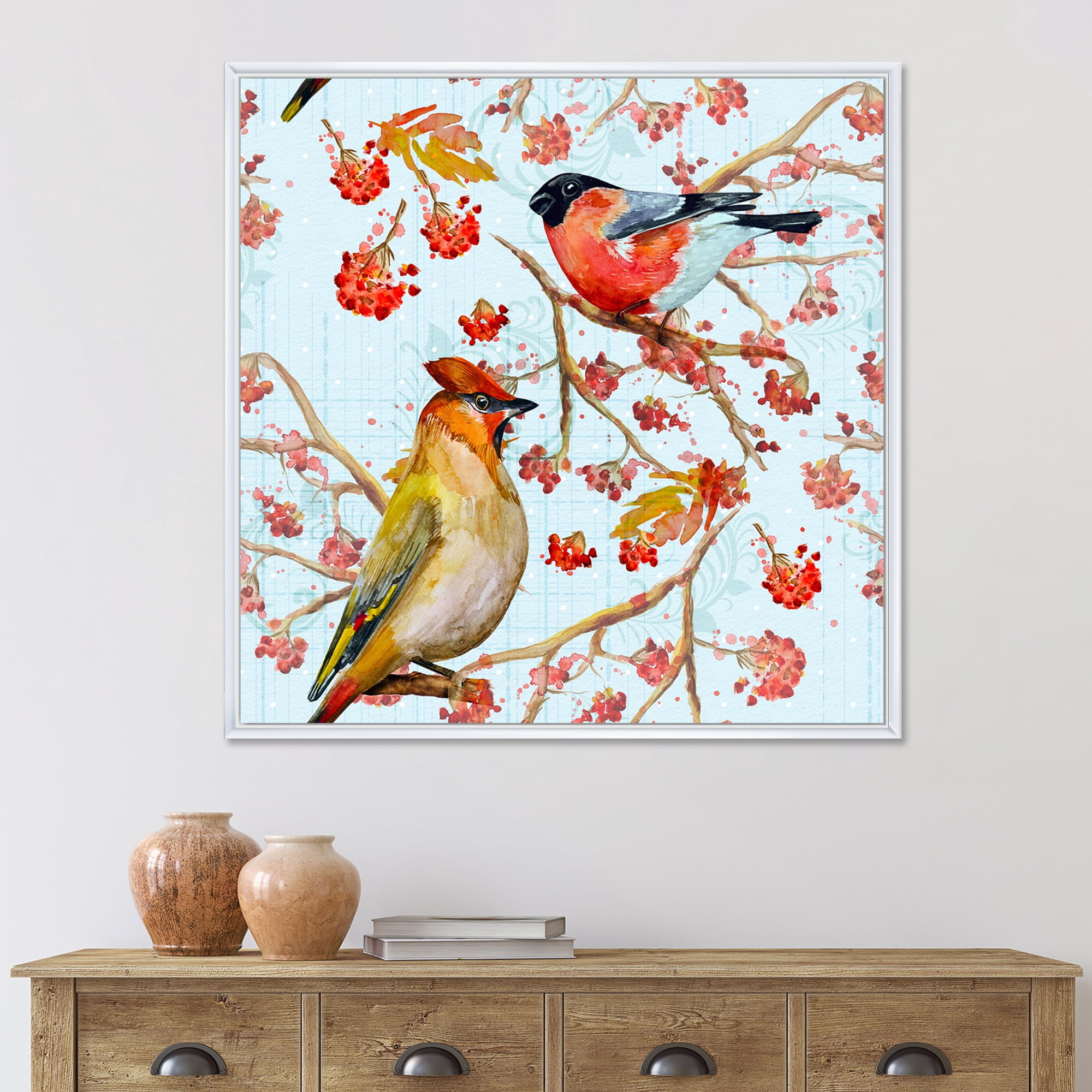 Designart 'Two Birds Sitting On Branches During Autumn' Traditional Framed Canvas Wall Art Print