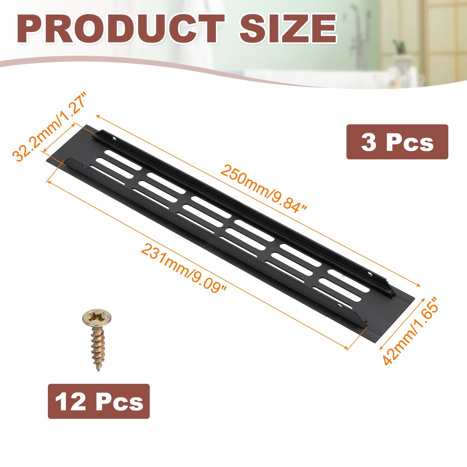 Uxcell 3 Pcs Door Air Vent Cover, 10 x 1.7 (Outer Dimensions) Inch Aluminum Louvered Ventilation Grille Rectangle Toe Kick Vent with Mounting Screws for Shoe Cabinet Wardrobe, Black
