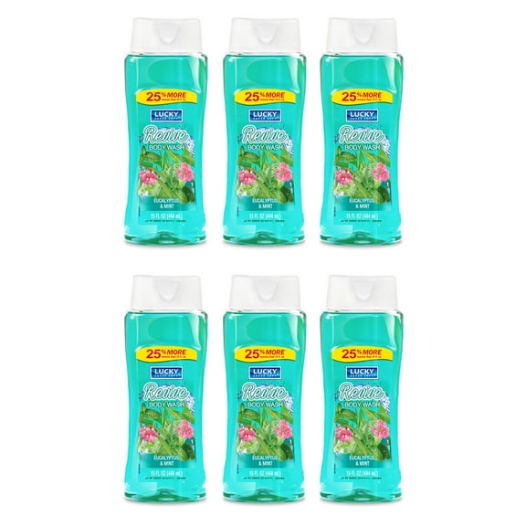 Lucky Super Soft Revive Body Wash. Cleanses, Refreshes and Moisturizes Your Skin. Eucalyptus & Mint Fragrance. 15 fl.oz / 444 ml. Pack of 6