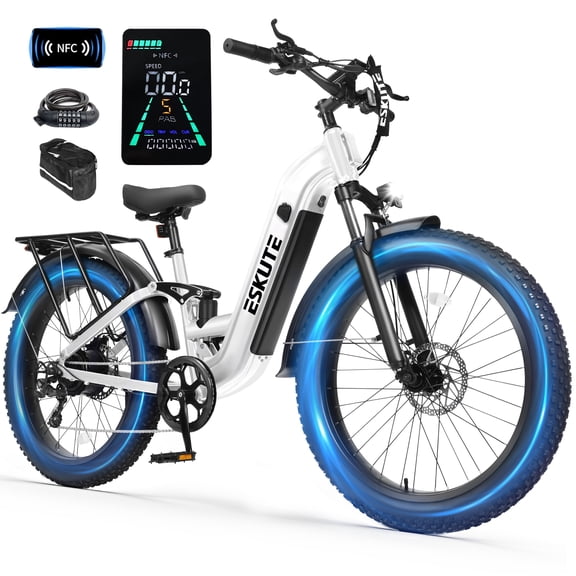 ESKUTE C300 750W Electric Bike for Adults, 48V 20.8Ah Battery, 20MPH, 26"x4.0" Fat Tire Step-Thru Ebike, Full Suspension Electric Bicycle, 8-Speed White, With Phonebag & Lock, UL2849