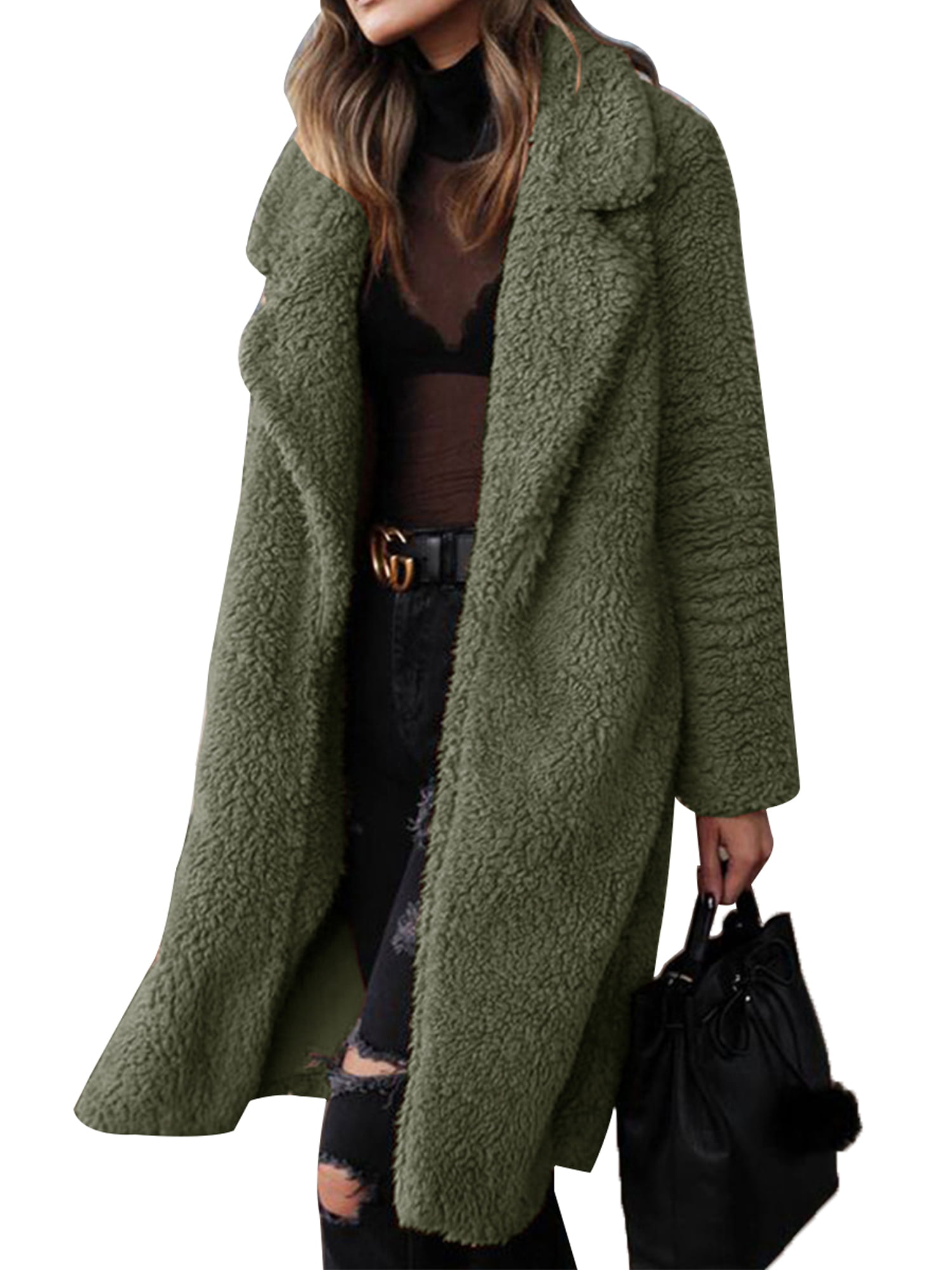 Womens Faux Fur Open Front Long Cardigan Coat Plush Fuzzy Furry Winter Warm Jacket Coat Long Sleeve Maxi Outwear Windbreaker 