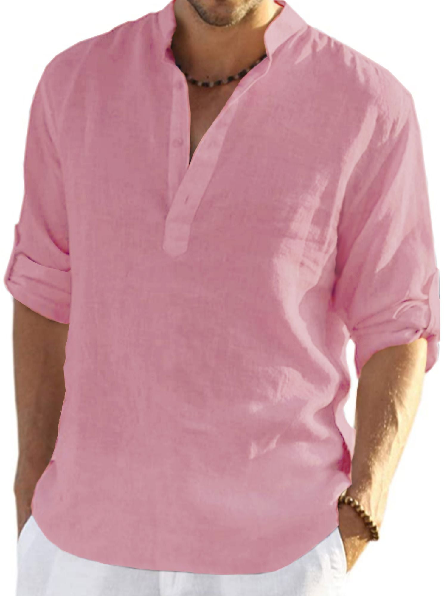 Ginsiom Men's Cotton Linen Shirt Long Sleeve Henley Shirts Hippie Beach