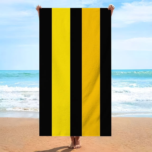 1 black and yellow striped beach towel, made of soft fabric, unisex, ideal for swimming, traveling and camping