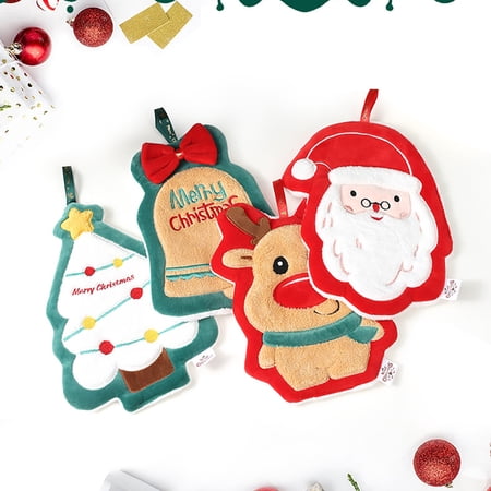 Naierhg Christmas Hand Towel Cute Santa Tree Bell Glove Snowman Elk Ultra Soft Thick Coral Fleece Hanging Loop Quick Drying Super Absorbent Bathroom Kitchen Towel Home Supplies F