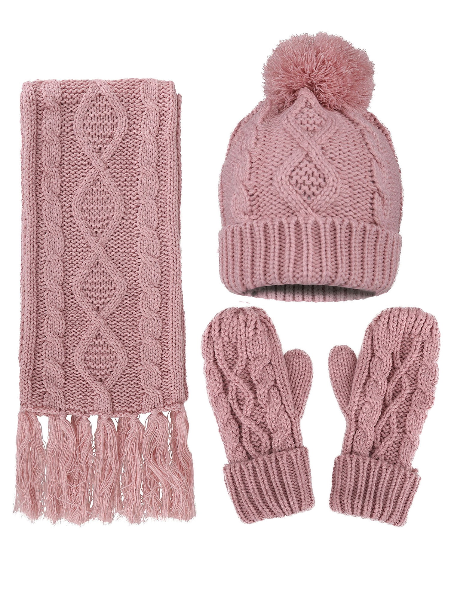Women's Winter Warm 3PC Navy Cable Knit Gloves Scarf Beanie Hat Set, Pink