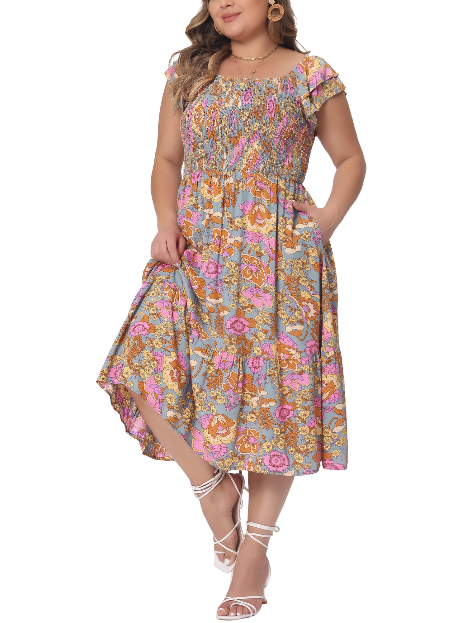 DARING DIVA Women's Plus Size Square Neck and Flutter Sleeves Dress 4X Grey Green