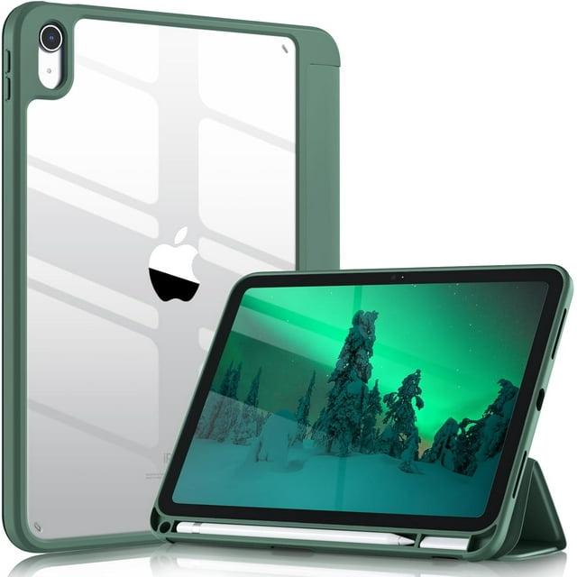 KOMI Case Compatible with iPad 10th Generation 2022 10.9 Inch with Pencil Holder, Slim Protective Cover with Clear Back Shell for iPad 10th Gen A2696 A2757 A2777, Auto Wake/Sleep, Pine Green