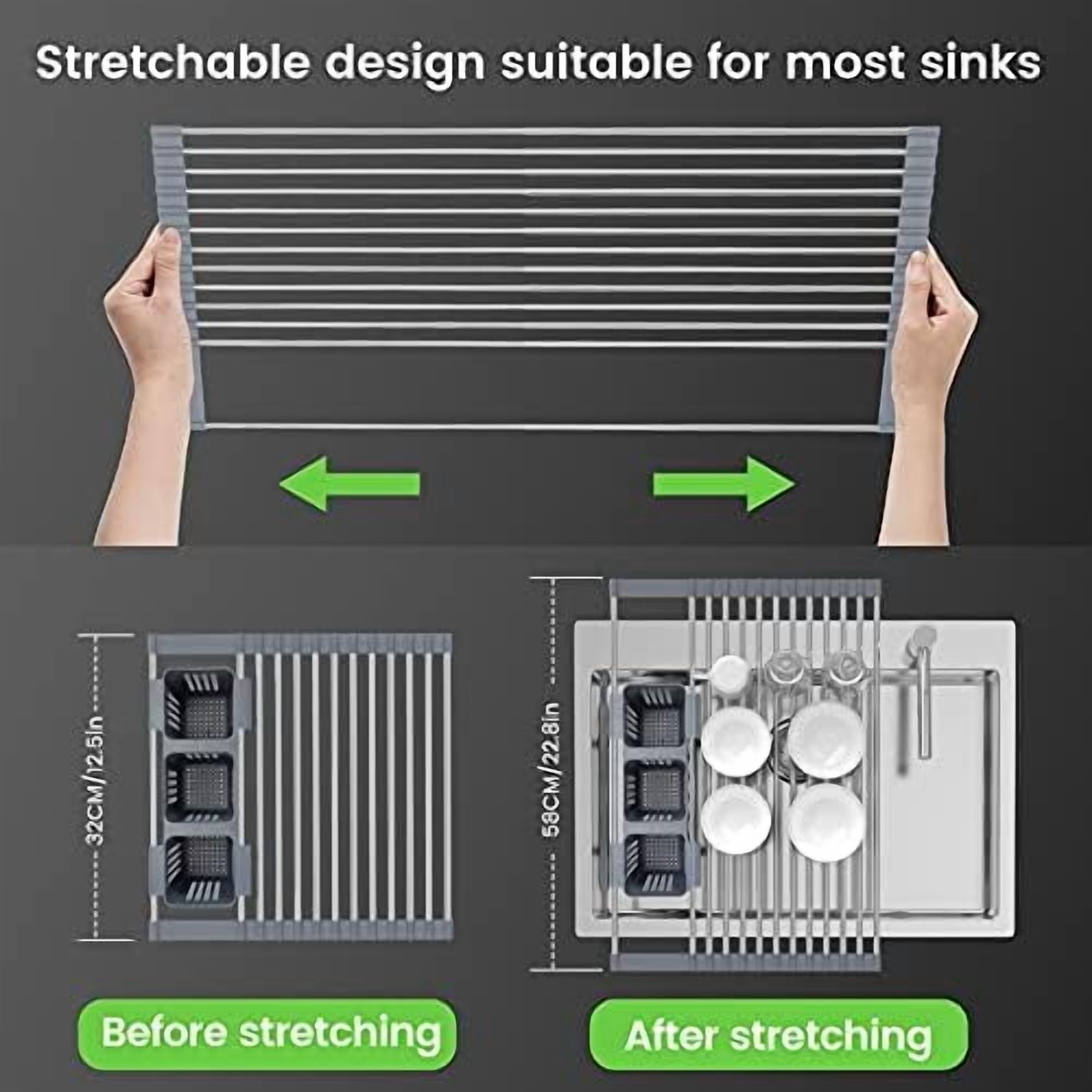 Expandable Roll Up Dish Drying Rack Up to 22.8''with 2 Storage Baskets,Over The Sink Kitchen Rolling up Dish Drainer Drying Rack, Foldable,Rollable,for Kitchen Dishes(Expandable Width Size)