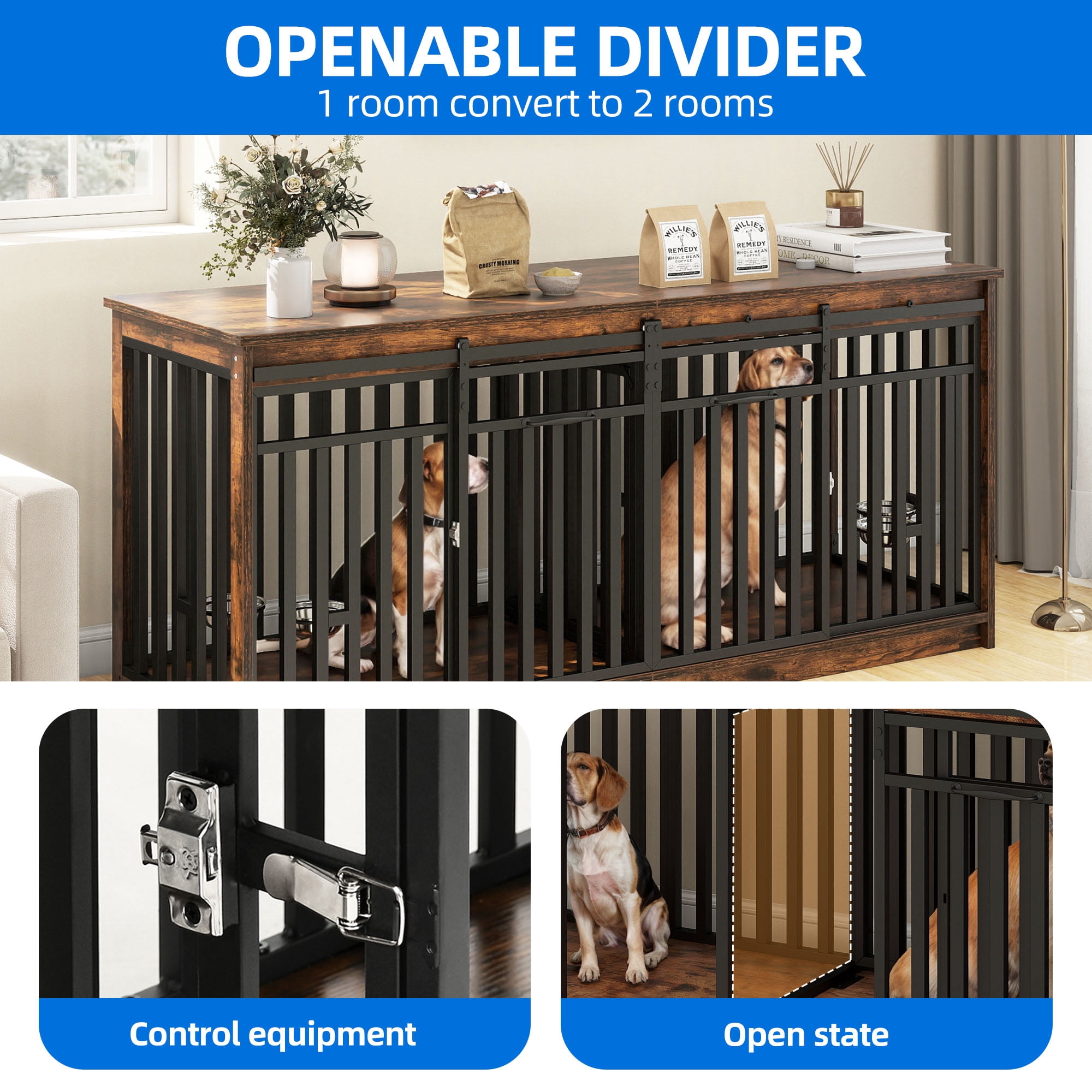 Dextrus 71" Large Double Dog Crate Kennel Furniture with 4 Dog Bowl, Sliding Doors for 2 Medium Dogs, Heavy Duty Wood TV Stand Dog Cage Table - Rustic Brown