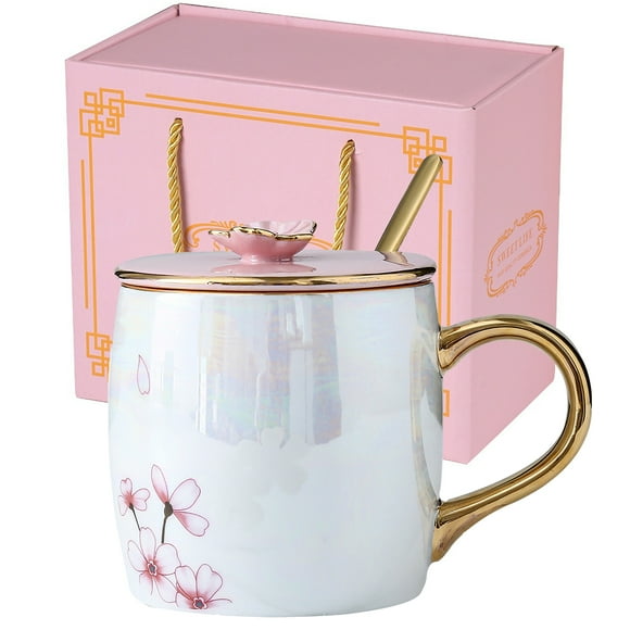 13.5oz Cherry Blossom Ceramic Mug with Lid Gold Spoon Pretty Tea Cup Coffee Mugs for Women Lover Mother's Day Gifts