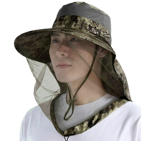 2WIN2BUY Mosquito Head Net Hat with Neck Flap, Wide Brim Net Mesh Cap for Fishing Hiking, Gray