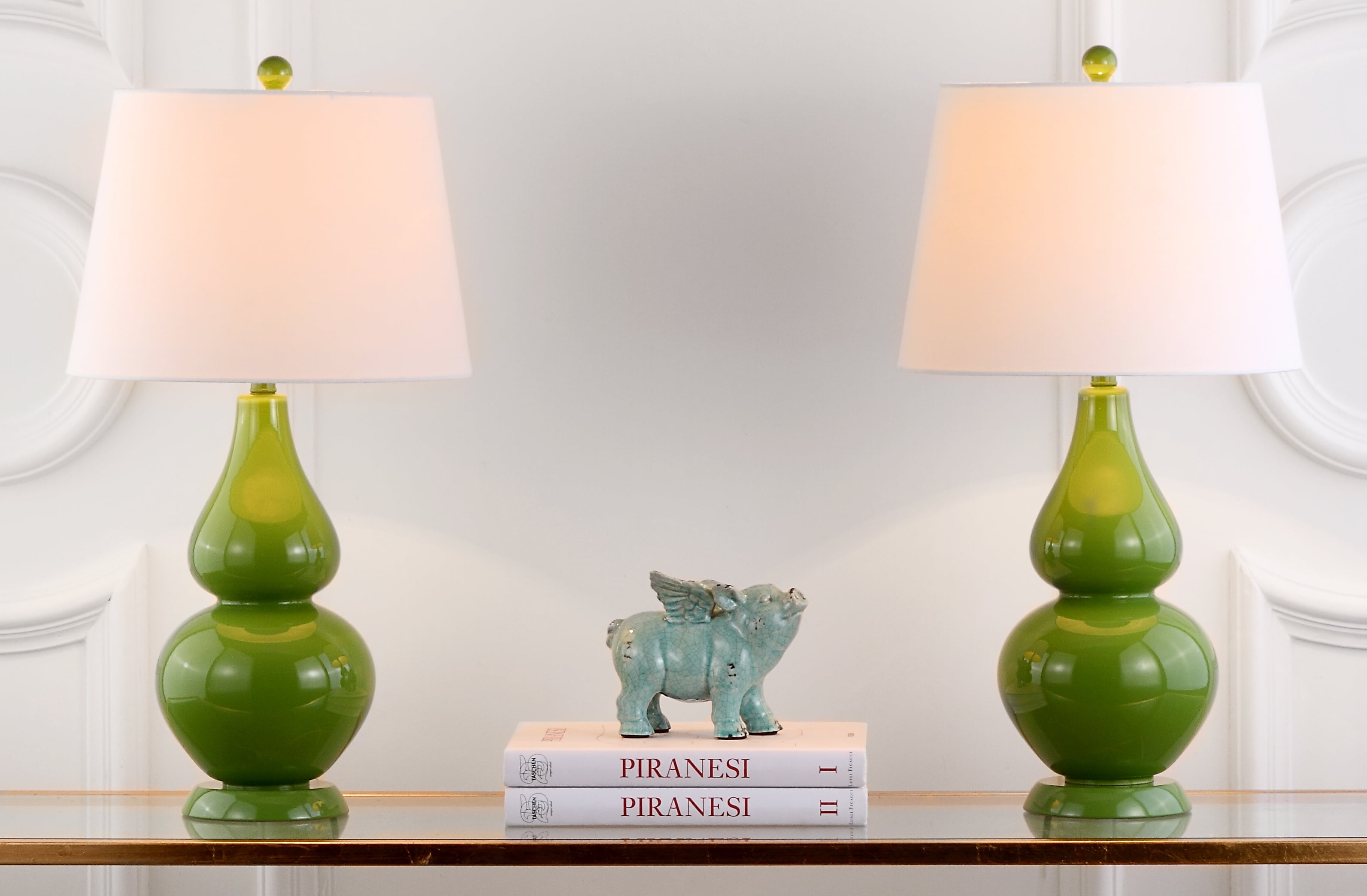 SAFAVIEH Cybil 26 in. Green Glass Table Lamp with Off-White Cotton Shade, Set of 2