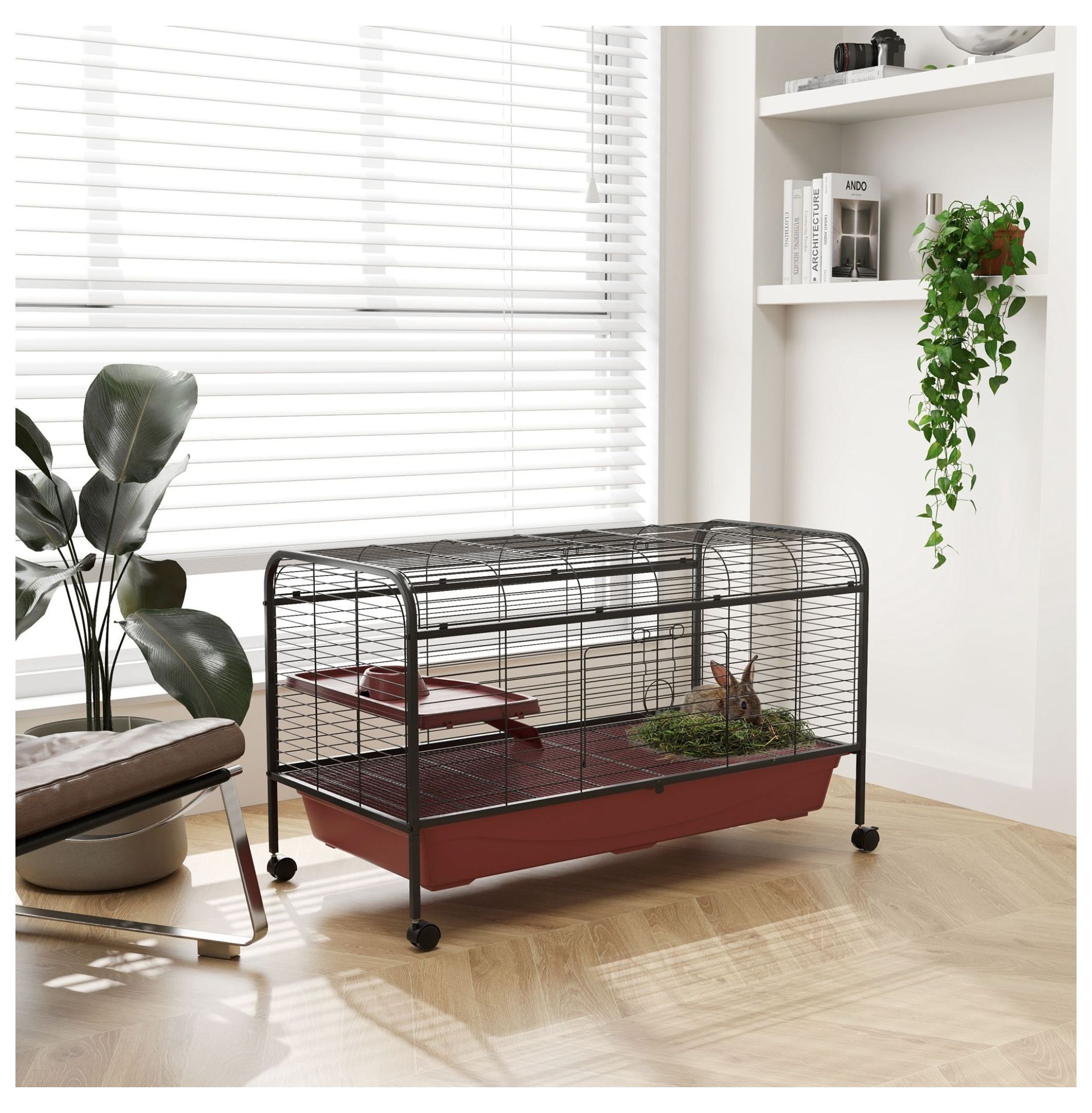 "L Small Animal Cage, Pet Play House for Rabbit Hutch with Feeder, Rolling Wheels, Platform, Ramp