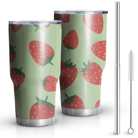 30oz Strawberry Plants Fruit Character Green Pattern Tumblers Stainless Steel Tumbler with Lid and Straw,Vacuum Insulated Double Wall Travel Tumbler Cups Mug with Cleaning Brush for Coffee,Tea