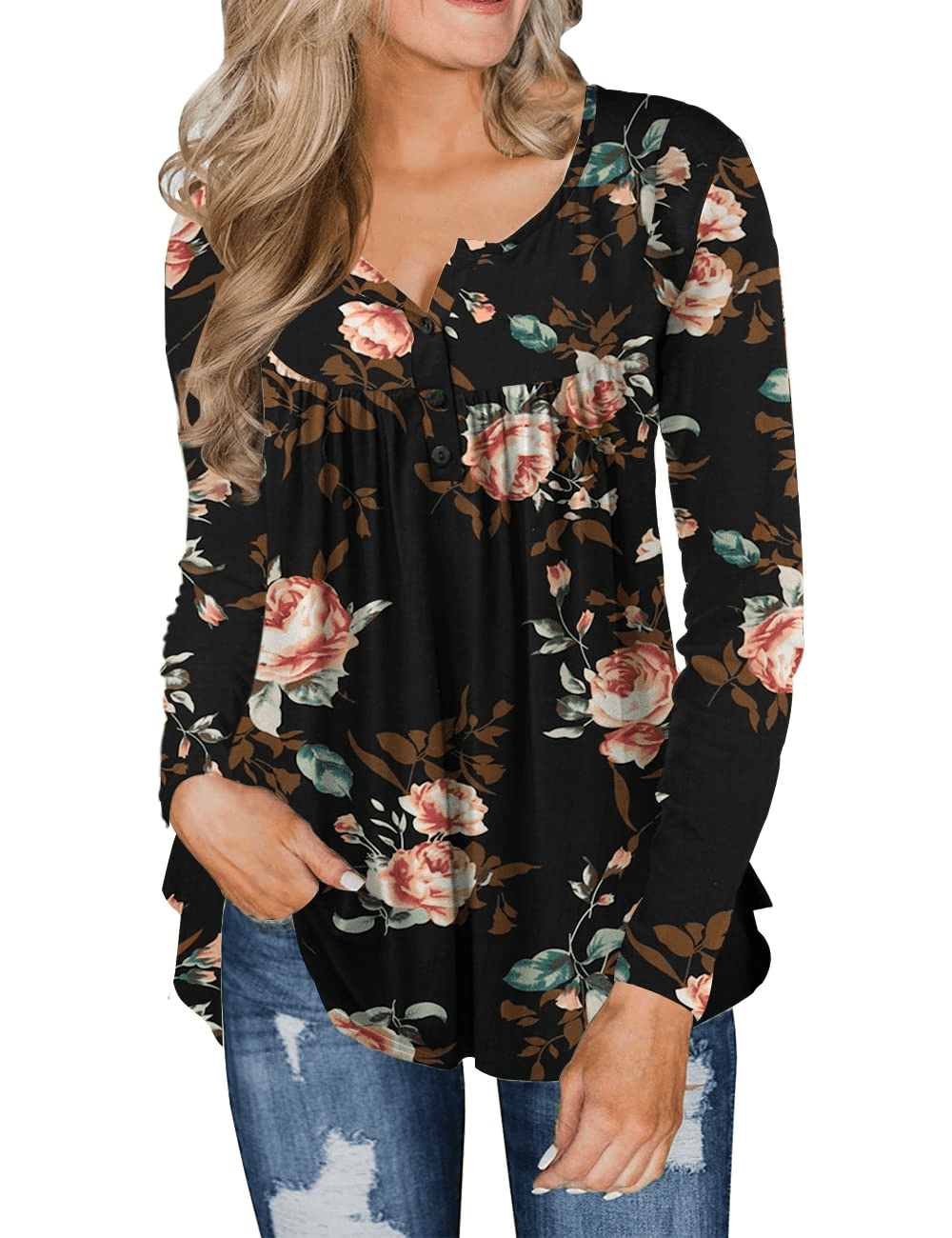 FOLUNSI Womens Plus Size Tunic Tops Long Sleeve Casual Floral Henley