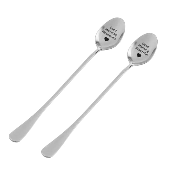 cucharas soperas de acero inoxidable con mango largo, diseño de "Buenos días", para servir comida, utensilios de cocina, vajilla para parejas (1 "Guapo" + 1 "Hermoso").