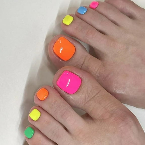 Press on Toenails Square Glossy French Tips Fake Toe Nails with Design Acrylic Artificial False Toenail Glues on Toenail