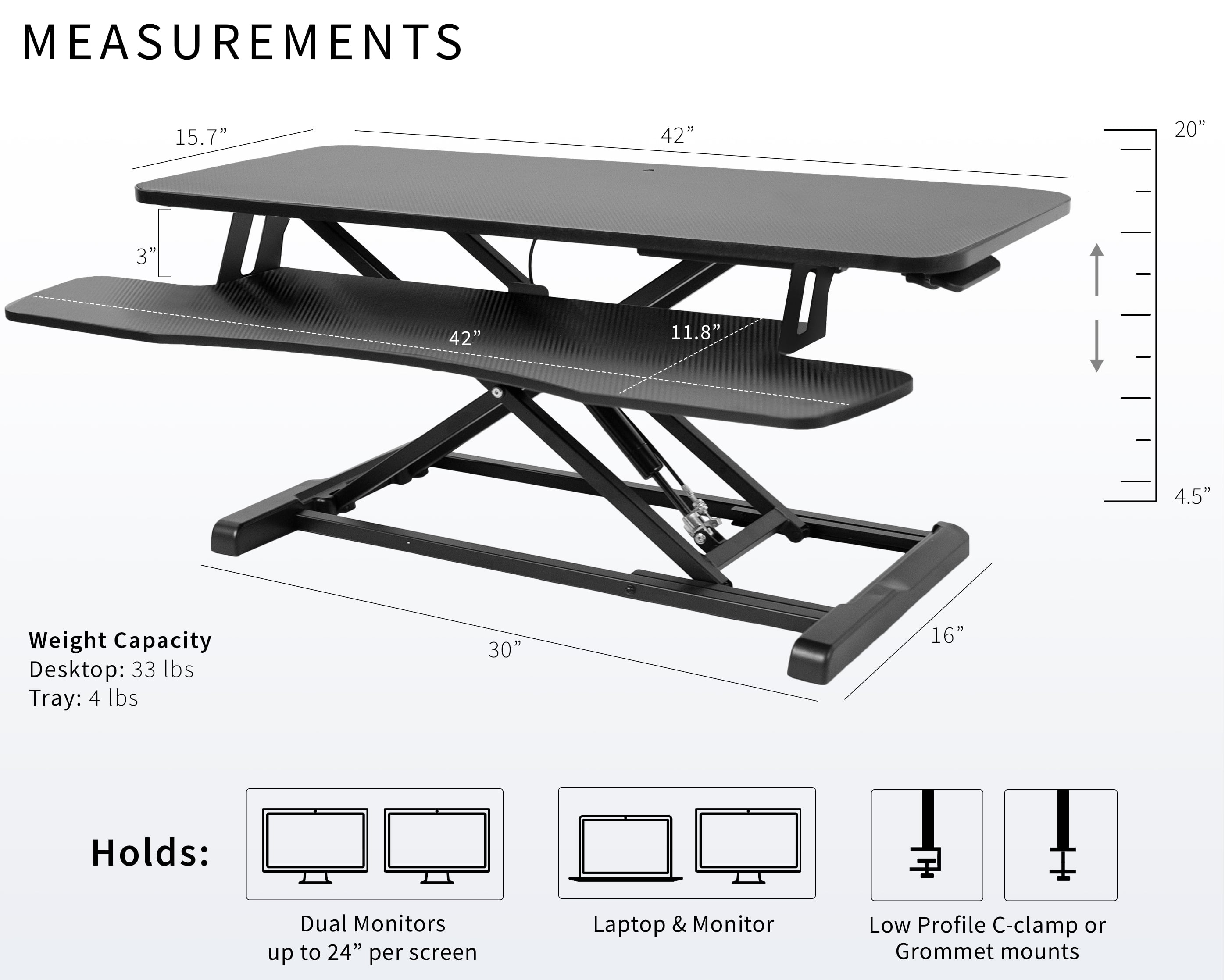 VIVO Black Carbon Fiber Height Adjustable 42" Standing Desk Monitor Riser