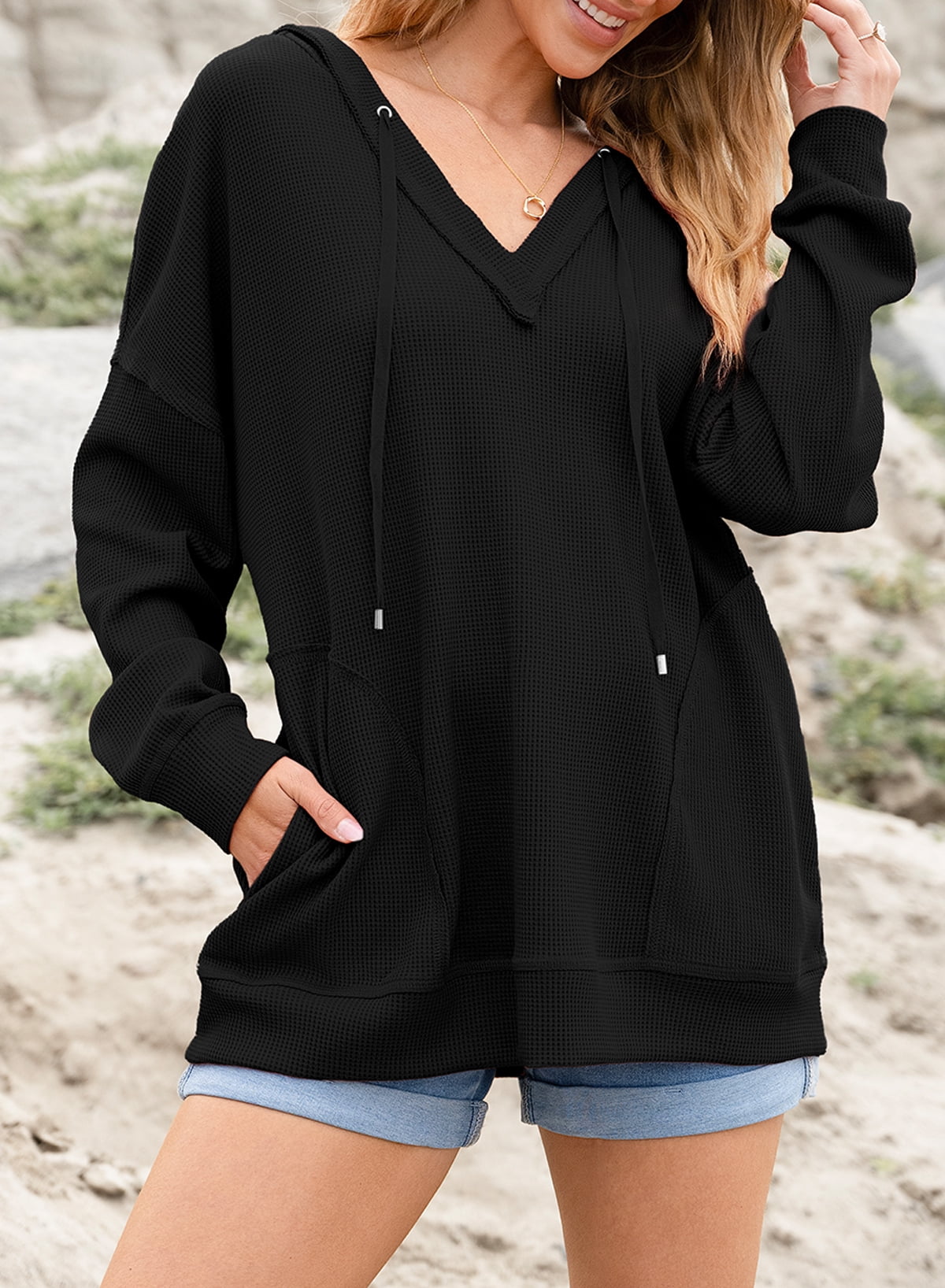 DOKOTOO Womens Hoodies Oversized Fall Casual Waffle Hooded Sweatshirt Long Sleeve V Neck Drawstring Knit Tops S-2XL