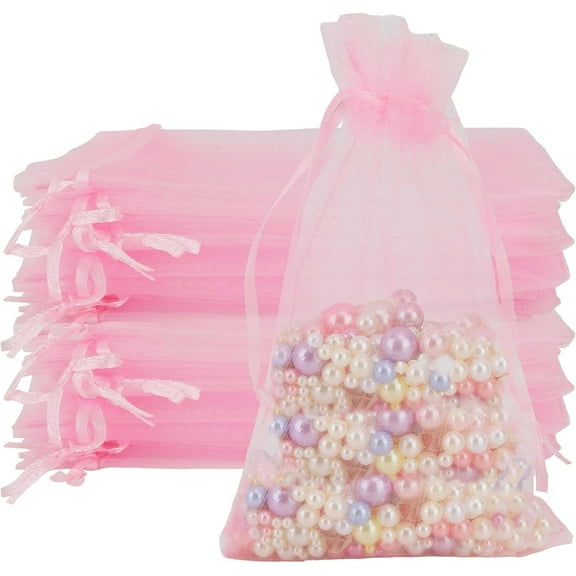100Pcs Sheer Organza Gift Bags,4x6In Sheer Candy Bags for Mother's Day,Pink Wedding Favors Small Mesh Bags for Party,Birthday,Festival