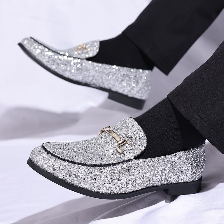 mens silver glitter dress shoes Cosidram Men's Glitter Dress Shoes Metallic Sequins Tuxedo Luxury Gold Buckle Loafers Slip-on Wedding Party Shoes, Size: 11, Silver