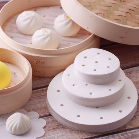 Round Perforated Air Fryer Liners 100 Pcs/200 Pcs Non-Stick Steamer Mats with Pre-Cut Ventilation Holes for Bamboo Basket Multi-Size Circular Baking Mat Sheet for Dim Sum Dumpling Bun Cooking