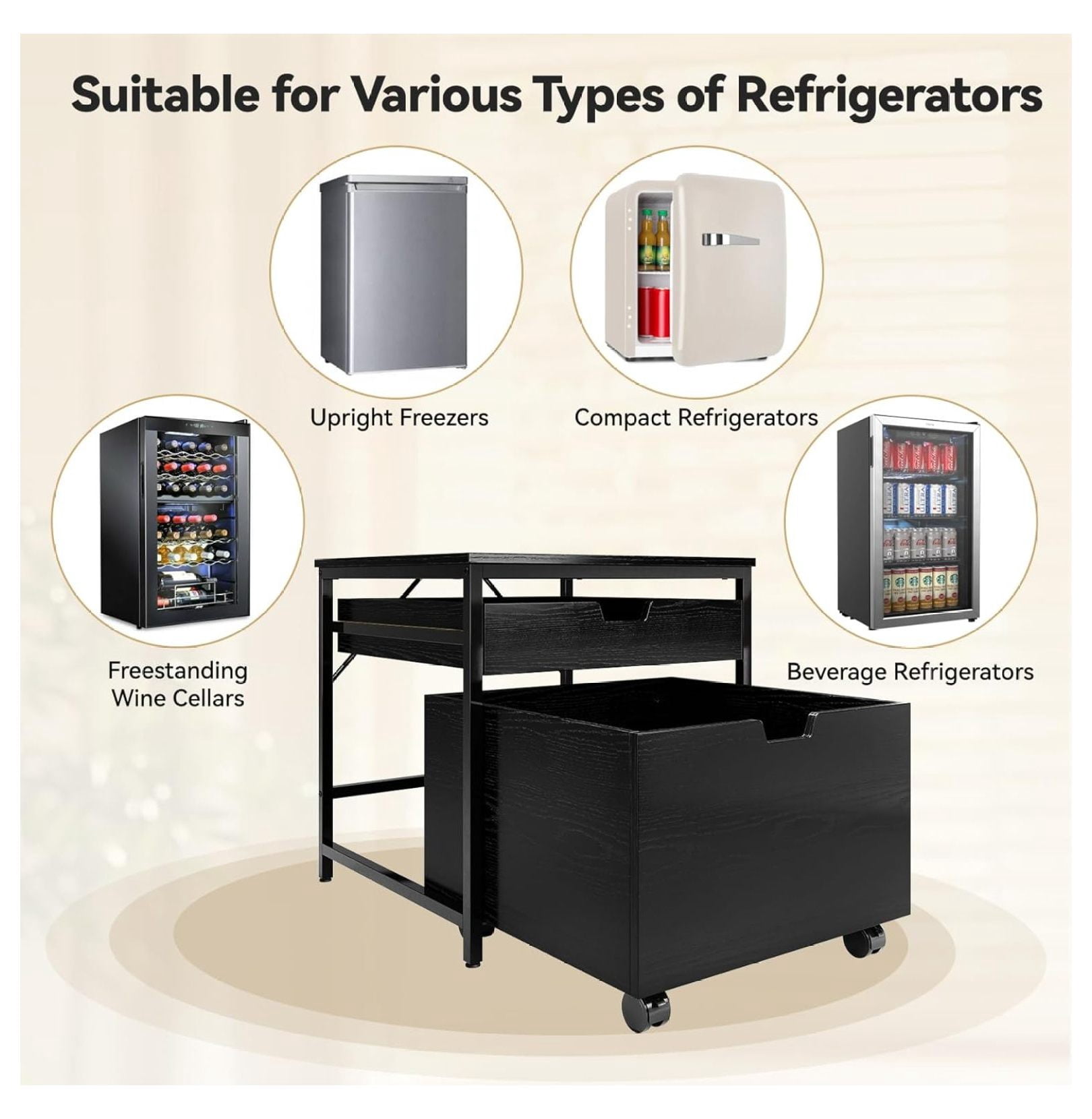 Mini Fridge Stand with Storage Drawer, 300 lb Load Capacity Mini Fridge Stand with Lockable Wheel, Beverage Compact Refrigerator Stand Storage Cabinet, Dorm Fridge Stand