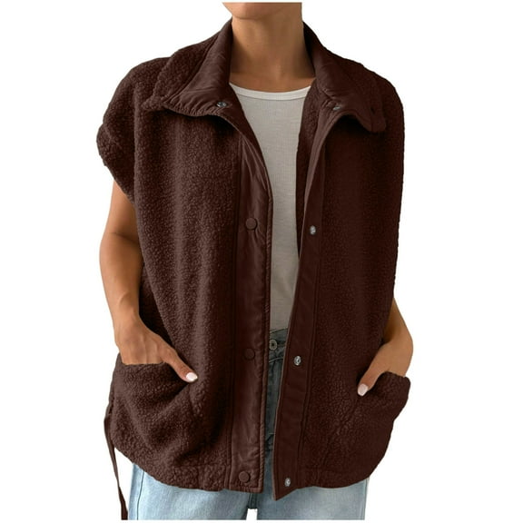 Hueook Bomber Jacket Women Pocket Coat Short Jacket Winter Sleeveless Fleece Button Solid Outerwear Brown 2X