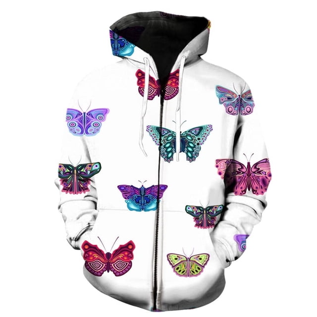 Spring And Autumn Cartoon Butterfly Pattern zipper Hoodie Casual O Neck Oversized Sweatshirt Hooded Pullover Jacket Men Clothing