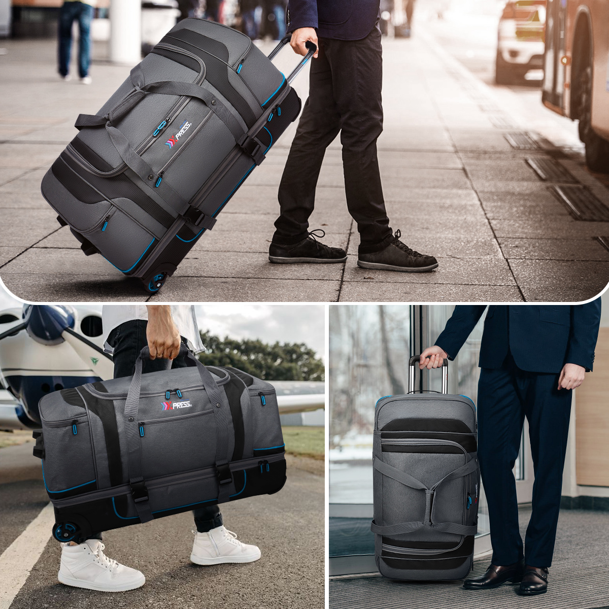 30 Inch Rolling Duffle Bag with Telescopic Handle, Wheeled Duffel Bag with Drop-Bottom,  Large Luggage Bags for Travel, Grey/Green, TBL074