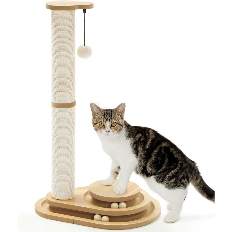 Made4Pets 32" Tall Cat Scratching Post with Sisal Scratcher, 2-Tier Ball Track & Hanging Toys, Multi-Level Cat Activity Center with Sturdy Wooden Base for Indoor Cats & Kittens