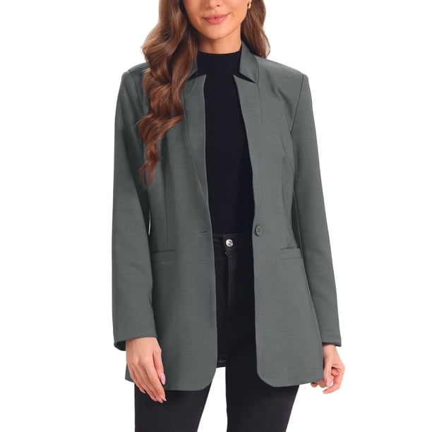 BLAZER DE OFICINA PARA MUJER CON LARGO DE MANGA LARGA, CUELLO DE SOLAPA, ESCOTE EN V, ABIERTO EN FRONTAL, FORRADO, CON DOS BOLSILLOS, TAMAÑO M, GRIS OSCURO