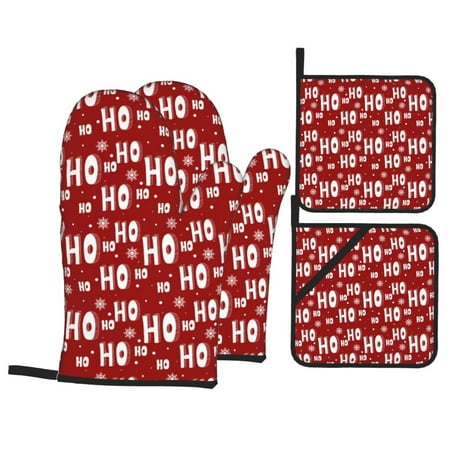 

Oven Mitts and Pot Holders 4 pcs Set Ho-Ho-Ho Heat Resistant Pot Holders Oven Mitts for kitchen Non-Slip Hanging Loop Oven Glove Potholders for Baking Cooking