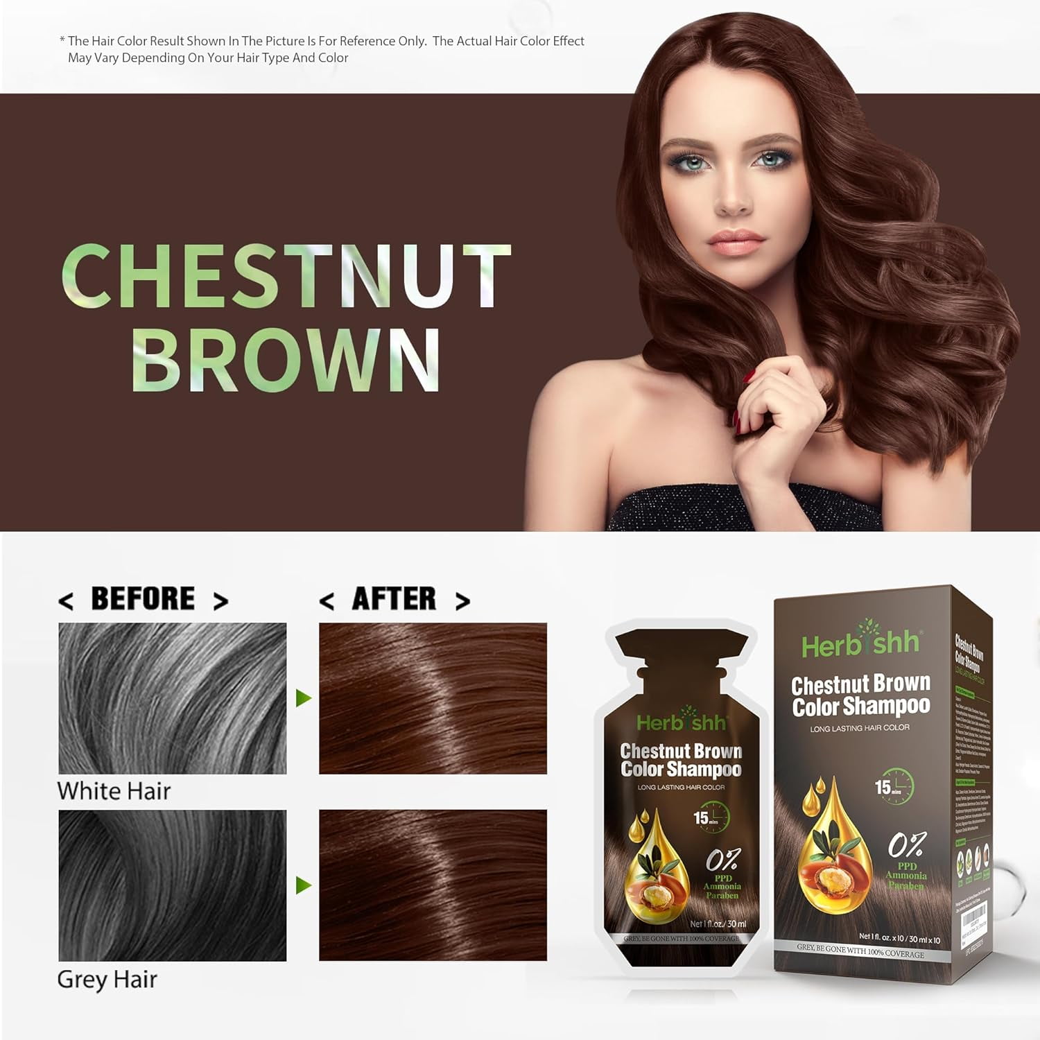 (3 pack) Herbishh Chestnut Brown PPD-Free Shampoo for Gray Hair, Travel-friendly Hair Dye Shampoo 3 in 1, 100% Gray Coverage, Permanent Hair Color for Men & Women, Ammonia-free, 30 ml