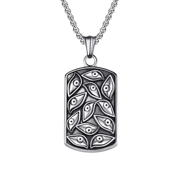 PAMTIER Men's Stainless Steel Vintage Punk Square Demon Eye of God Signet Dog Tag Pendant Necklace Cool Gothic Evil Eye Band Silver 23.6" Chain