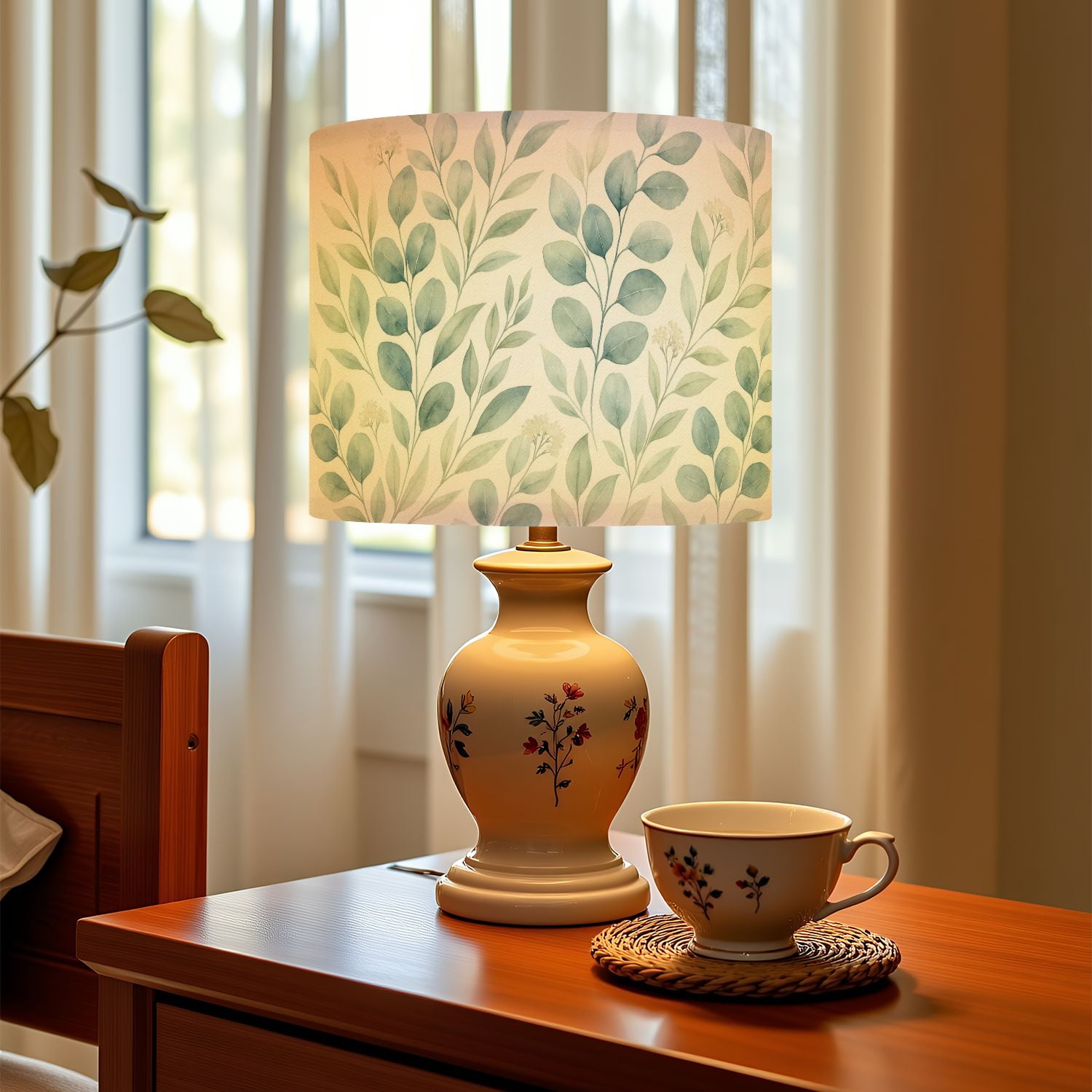 Linen Drum Lampshades Seamless watercolor floral green leaves branches composition white for 13"x13"x10" Light Shade for Table Lamps Floor Lamp Shades Lampshade Replacement Assembly Required