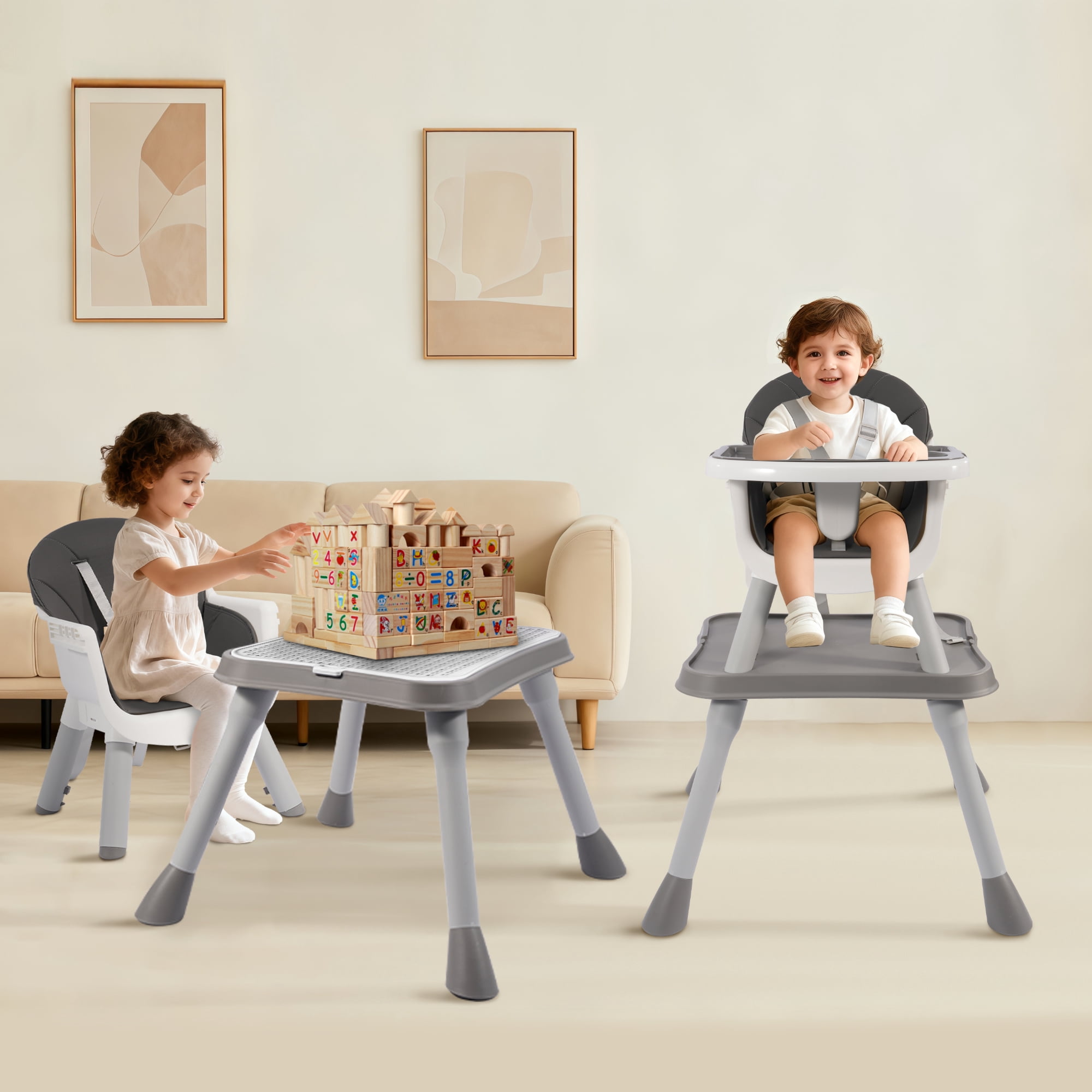 Signature Fitness Plastic Baby High Chair with Tray, Gray-White Feeding Chair for Toddlers