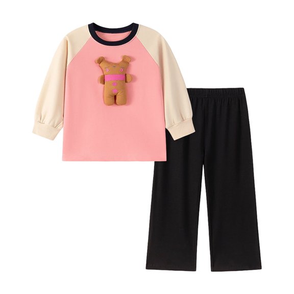 Tiijoy Girls Outfits Cute Cartoon Color Block Long Sleeve T-Shirt & Pants Set, Sizes 3-4
