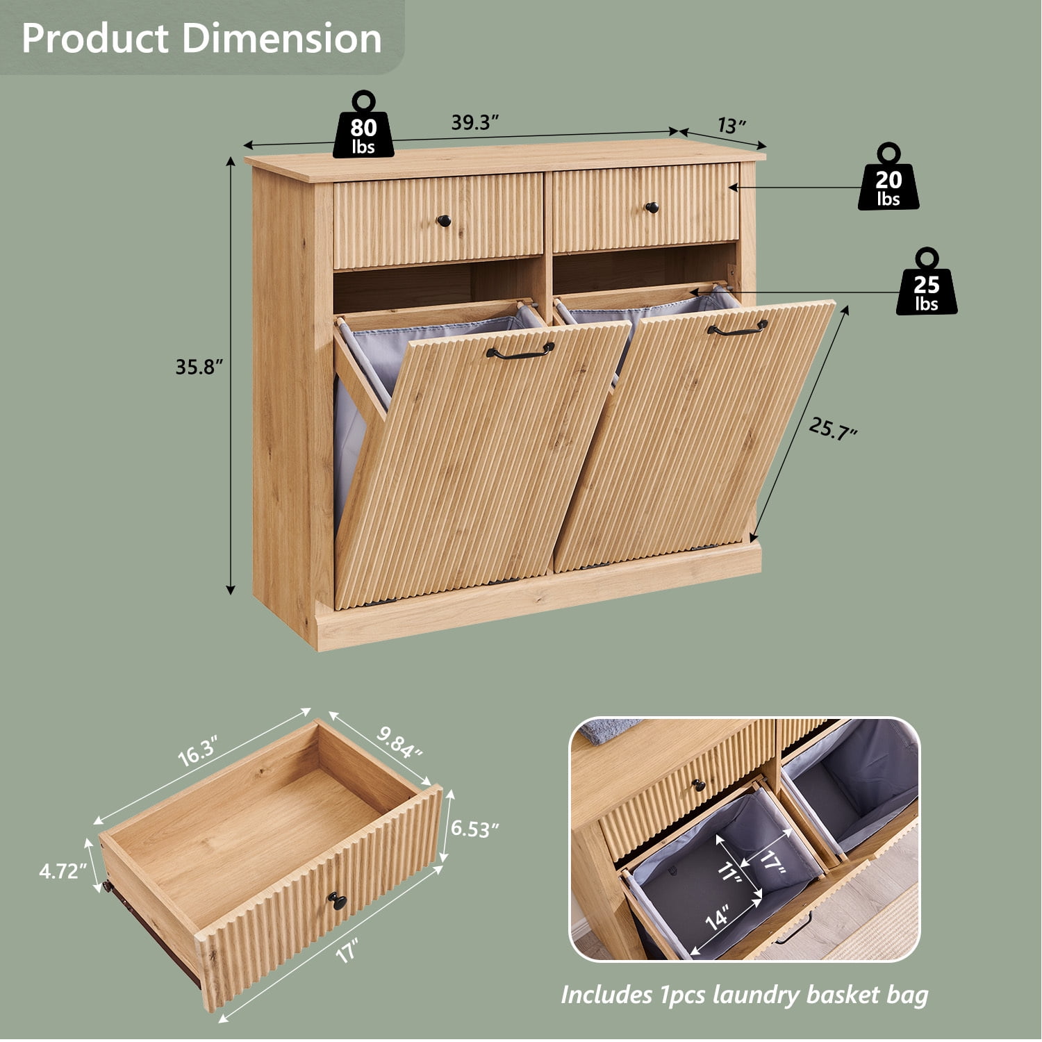 20 Gallon Tilt-Out Trash Can Cabinet, Modern Laundry Hamper Cabinet with Drawers, Hidden Garbage Can Cabinet for Kitchen and Living Room