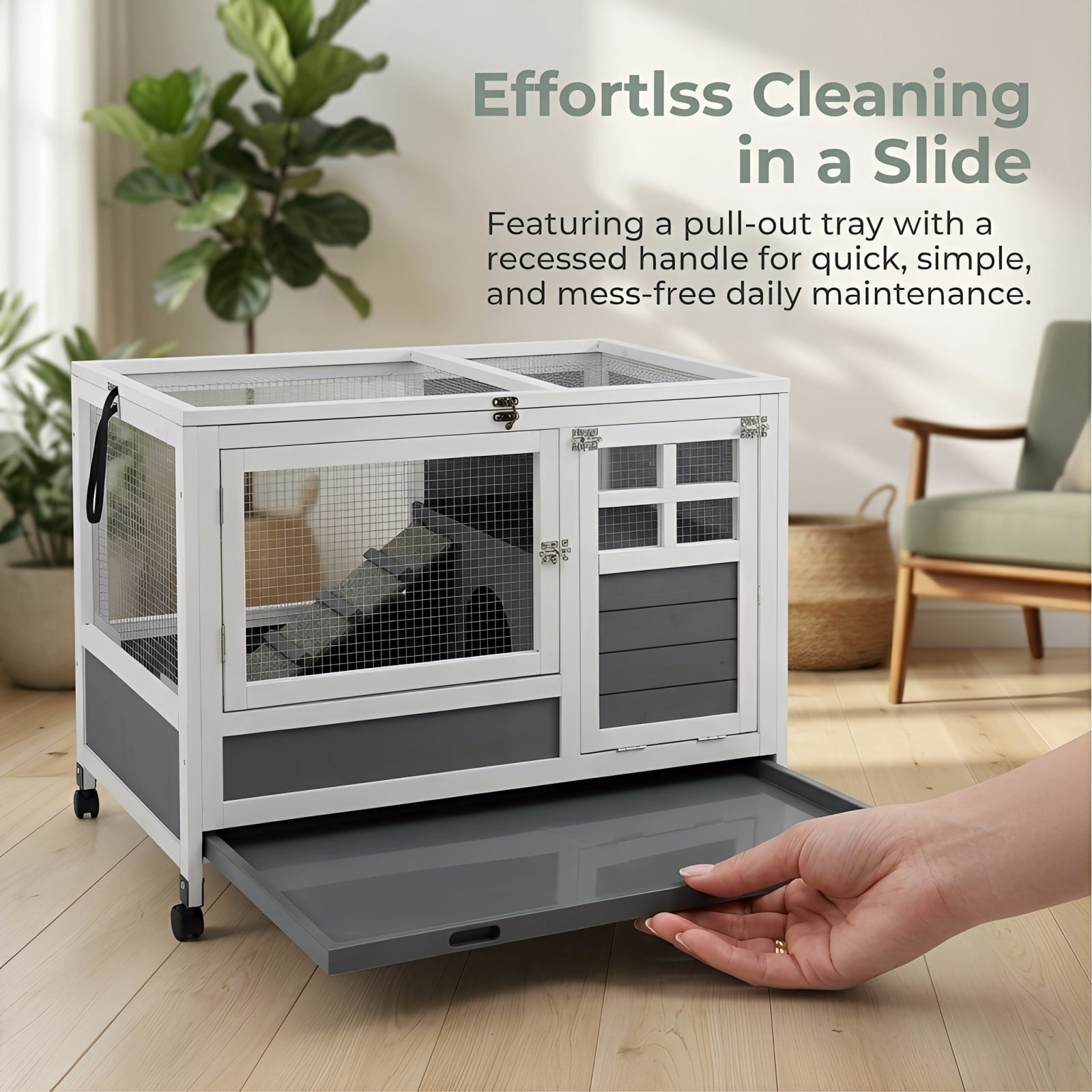 Rabbit Hutch Indoor with Chew-Proof Ramp & Leak-Proof Trays Urine Guards/Netting Floor,Doors.37 Wooden Rabbit Cage with Wheels for Rabbits, Guinea Pigs Small Animal