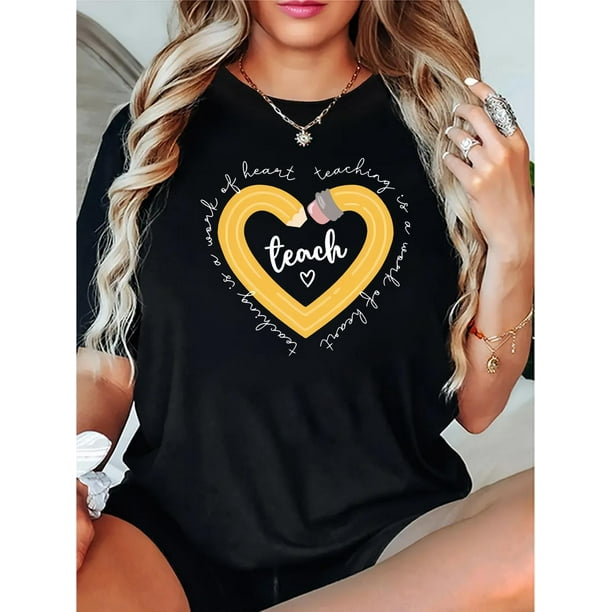 1pc Women's Casual Round Neck Short Sleeve T-Shirt with Creative Abstract Heart & Pencil Print, Fashion Trendy Polyester Knit Fabric, Comfortable Summer Top for All Seasons