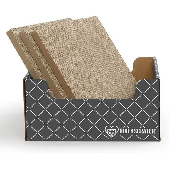 Hide & Scratch: Extra-Large Heavy Duty Cardboard Cat Scratcher and Lounger Box with Refillable Scratch Pad (Dark Grey Diamond 4PC)